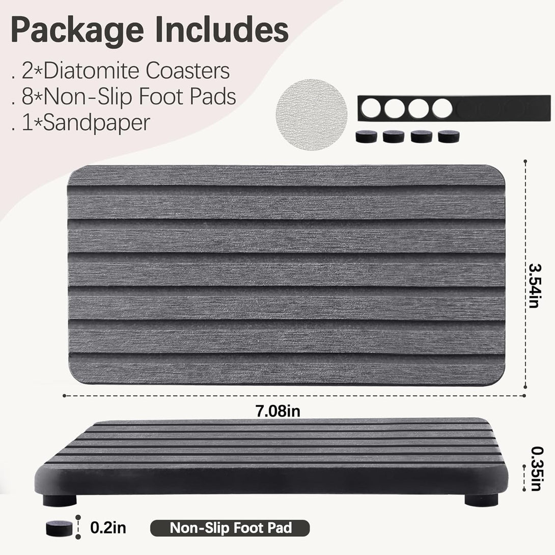 2 PCS Water Absorbent Diatomite Coasters (7.1"X3.54"), Grooved Design, Water Absorbing Stone Used for Hand Soaps & Plants & Toiletries in the Modern Home