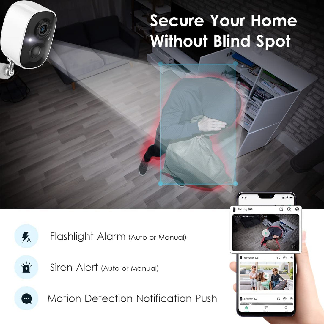 GMK Security Camera Wireless Outdoor, 1080P Color Night Vision AI Motion Detection 2-Way Talk Battery Powered Wifi Home Indoor Camera IP65 Weatherproof Spotlight Siren Alarm Cloud/Sd Storage