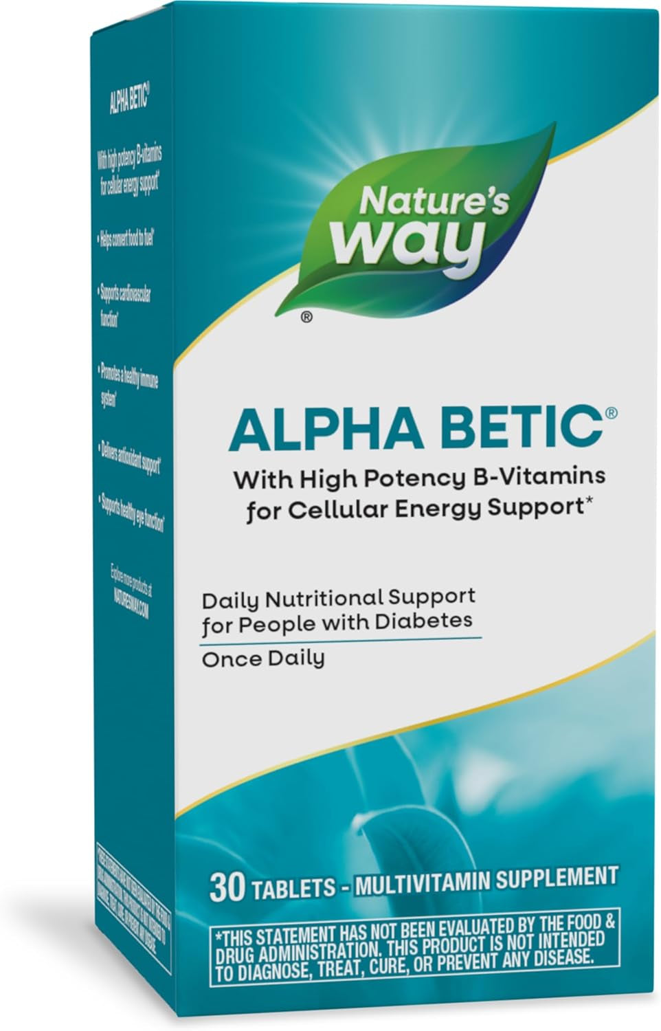 Nature'S Way Alpha Betic, Diabetic Multivitamin for Daily Nutritional Support, with B-Vitamins for Energy Metabolism Support*, Alpha Lipoic Acid, Taurine, Lutein, 30 Tablets