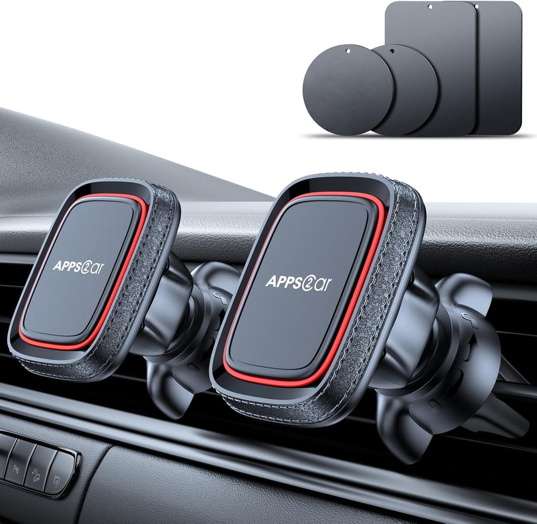 Apps2Car 2 Pack Magnetic Phone Car Mount, Car Phone Holder Mount Magnetic, Built in 6 Strong Magnets, Air Vent Cell Phone Holder for Car with Adjustable Secure Tightening System