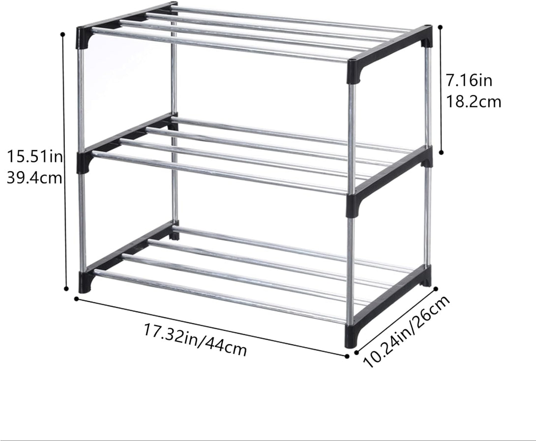 Stackable Small Shoe Rack, Entryway, Hallway and Closet Space Saving Storage and Organization (3-Tier, Black)