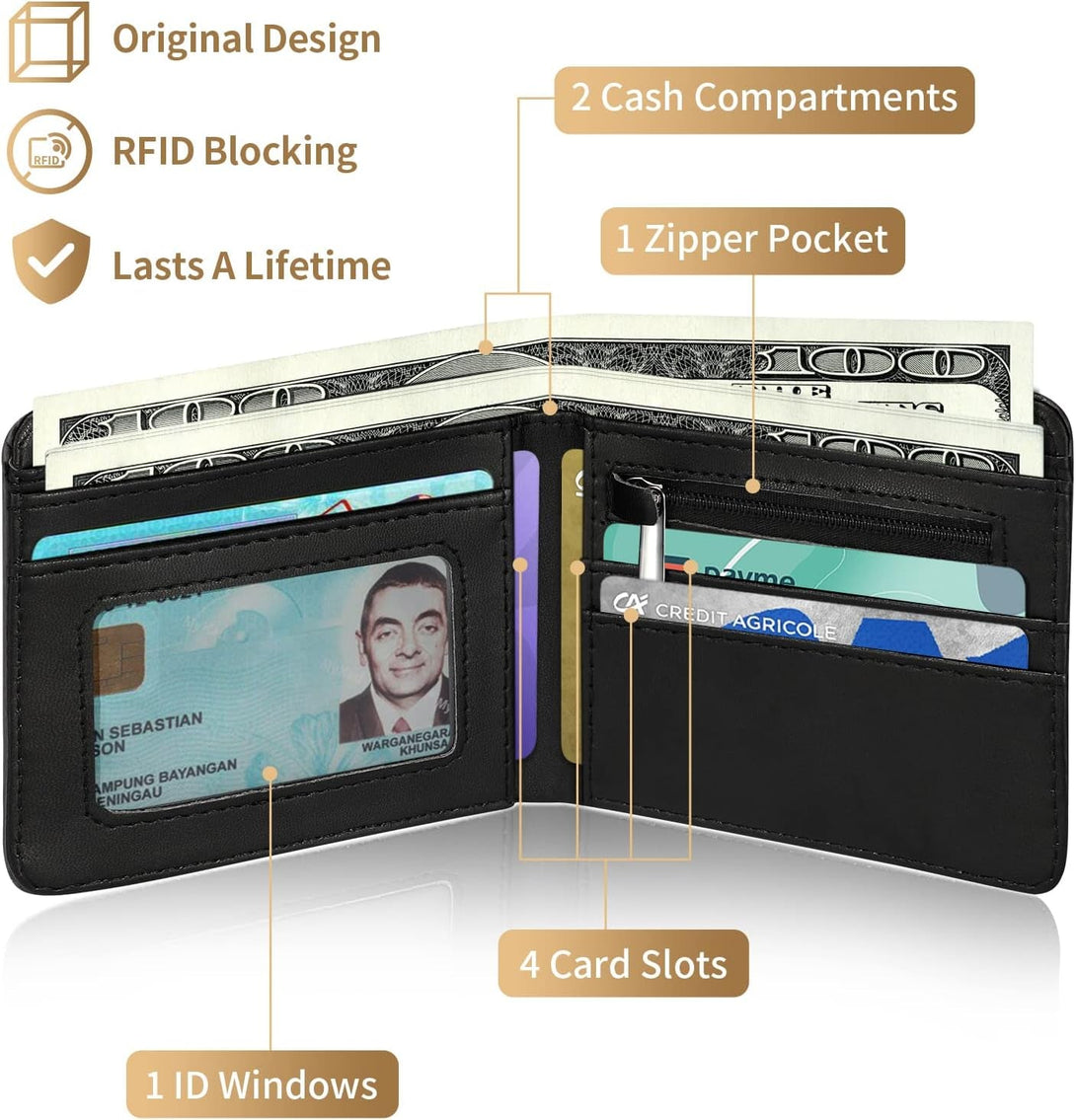 Cool Wallet- Funny Leather Credit Id Card Cash Holder Man Black Rfid Blocking Zipper Wallets with Coin Pocket Id Window Aesthetic Men Teen Boy Male Youth Guys
