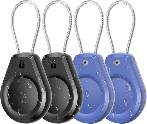 Waterproof Airtag Keychain Holder - (4 Pack) Air Tag Lock Case with Wire Cable Compatible with Apple Airtags, Ultra Durable Anti-Lost Protective Case with Keyring for Luggage, Backpack, Black/Blue