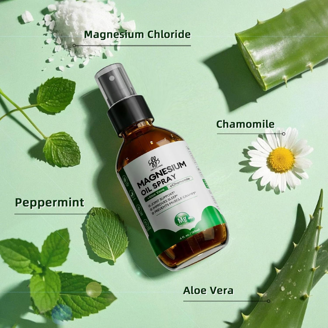 Magnesium Spray with Aloe Vera & Chamomile - Magnesium Oil for Feet, Leg Cramps, Joint Health & Sleep Support - Refreshing, Non-Greasy Formula - Pure, Topical and Natural Oil, 4Oz