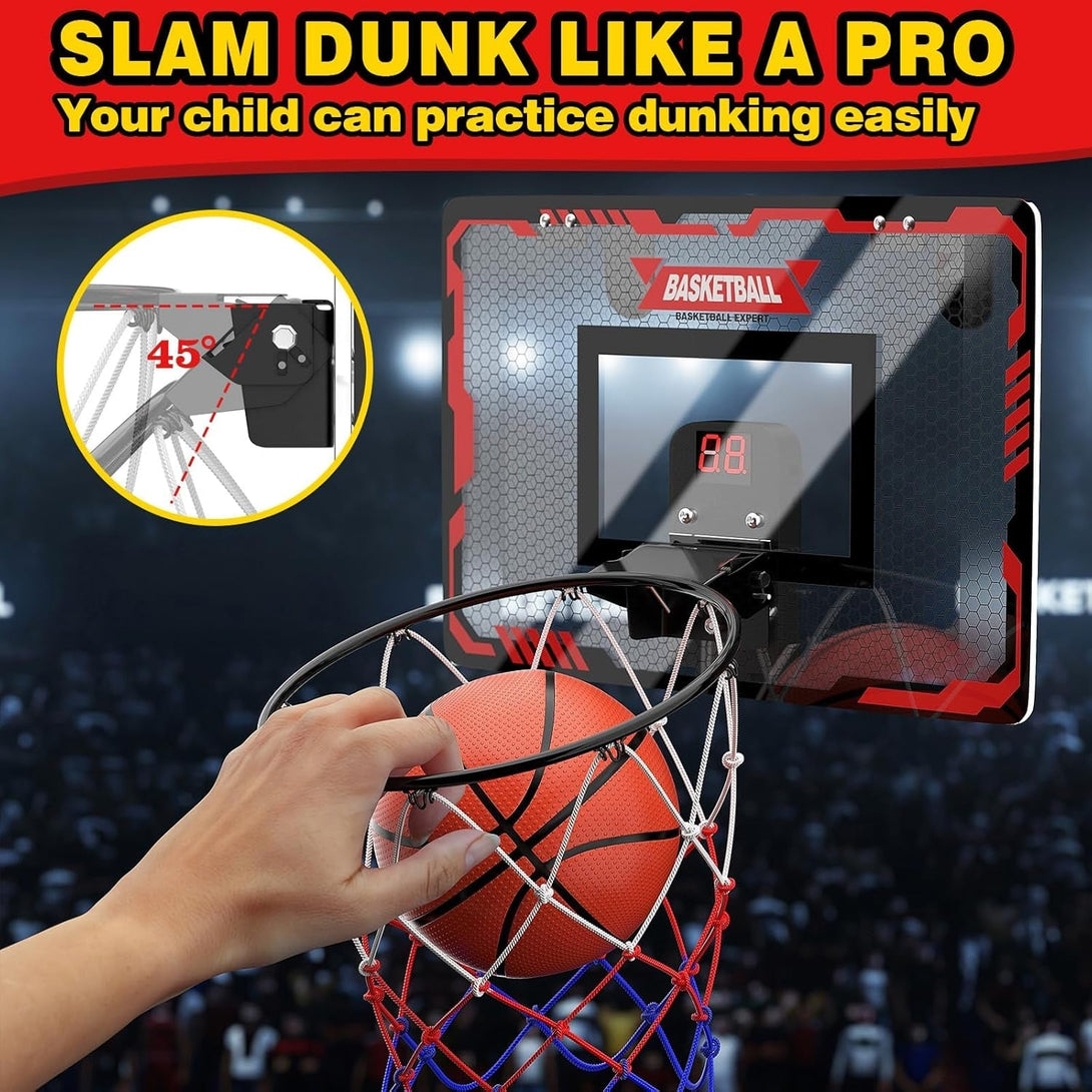 Basketball Hoop Indoor, over the Door Basketball Hoop with Electronic Scoreboard, Mini Basketball Hoop for Bedroom Office Wall, Basketball Toys Gifts for Boys Teens Adults 3 4 5 6 7 8 9 10 11
