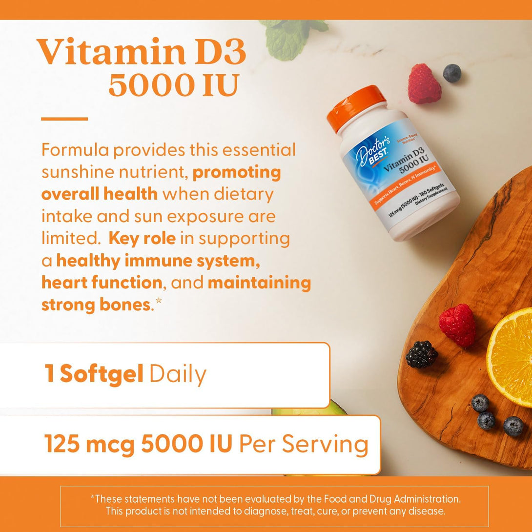 Doctor'S Best Vitamin D3 5000IU, Non-Gmo, Gluten & Soy Free, Regulates Immune Function, Supports Healthy Bones, White, No Flavour, 180 Count