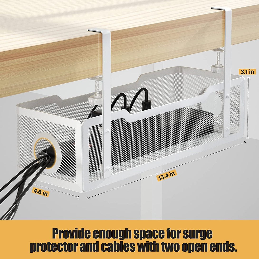 Under Desk Cable Management Tray White, Cinati Wire Organizers No Drill, Cable Tray with Clamp for Wire Management, Cord Organization Box for Office, Home - No Damage to Desk