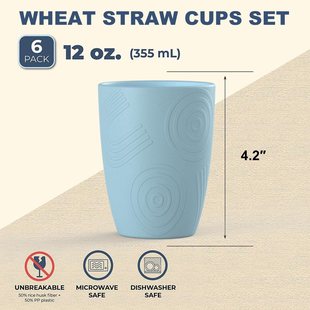12Oz Wheat Straw Drinking Cups Set of 6,Alternative Plastic Cups Microwave and Dishwasher Safe,Unbreakable Cups for Kitchen,Picnic and Camping, KALAS Series