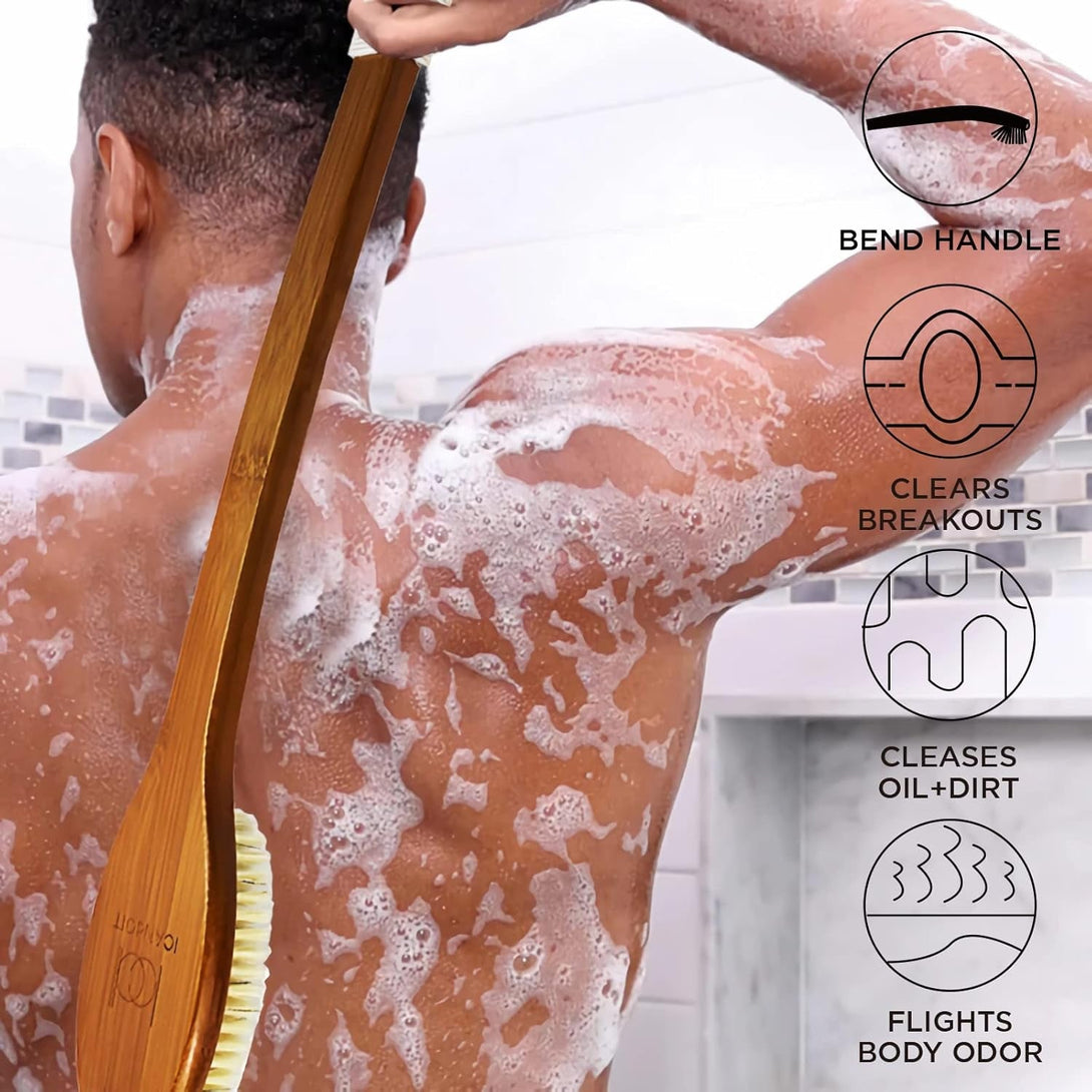 Icandoit-17.71Inch Natural Boar Bristles Anti-Slip Curved Long Handle Bath Brush,Bent Handle Shower Scrubber for Exfoliating,Shower Back Brush