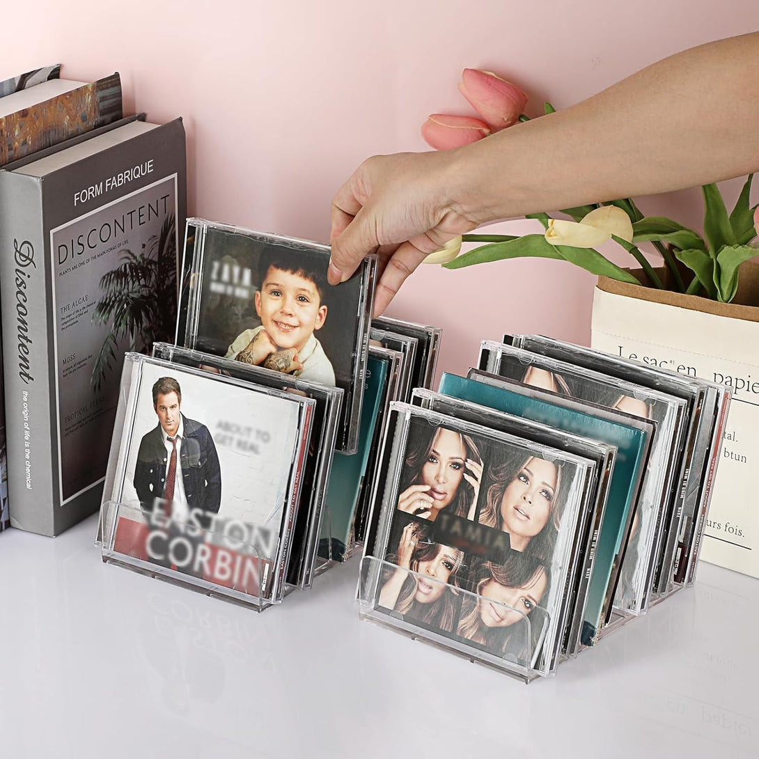 Hipiwe Clear CD Holder - 7 Slot CD Storage Box CD DVD Display Rack Tray Holds up to 14 Standard CD Cases, Tabletop Plastic File Divider for Paper Mail Bill Eyeshadow Palette Organizer, 2-Pack