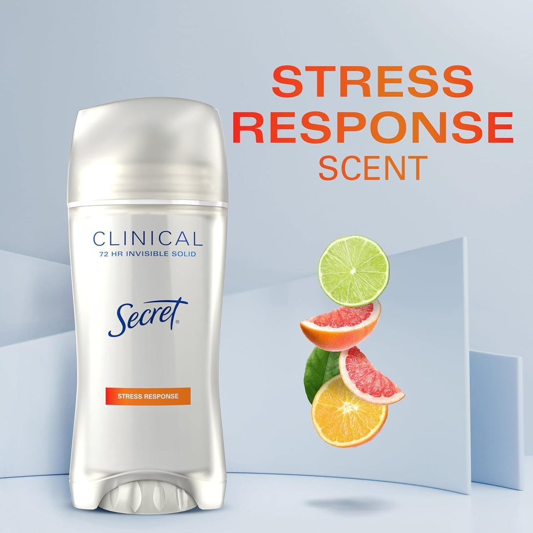 Secret Clinical Strength Antiperspirant Deodorant for Women, Stress Response, 3X Stress Protection, 72Hr Sweat & Odor Protection, PH Balancing Minerals, Invisible Solid, 2.6 Oz
