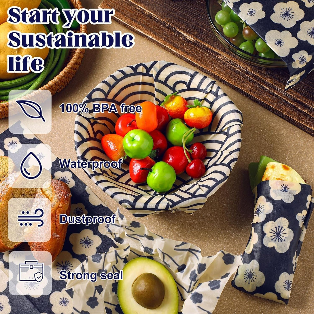 9 Pack Japanese Reusable Beeswax Wraps for Food Eco-Friendly Beeswax Wraps Bread Sandwich Wrapper Organic Sustainable Zero Waste Reusable Plastic-Free Food Storage Wrap 1 XL 3 Medium 5 S