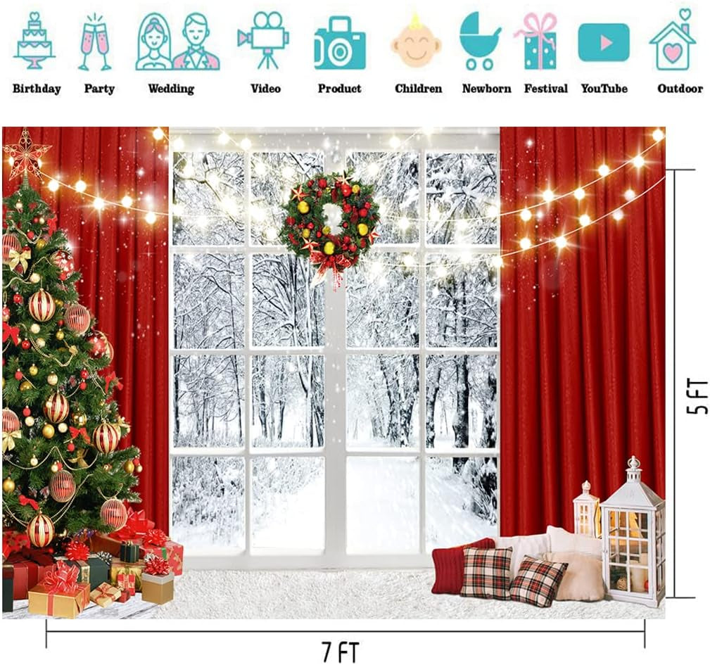CYLYH 7X5Ft Christmas Window Backdrop for Photography Winter Snow Scene Xmas Party Decorations Background Christmas Festival Party Banner Backdrop