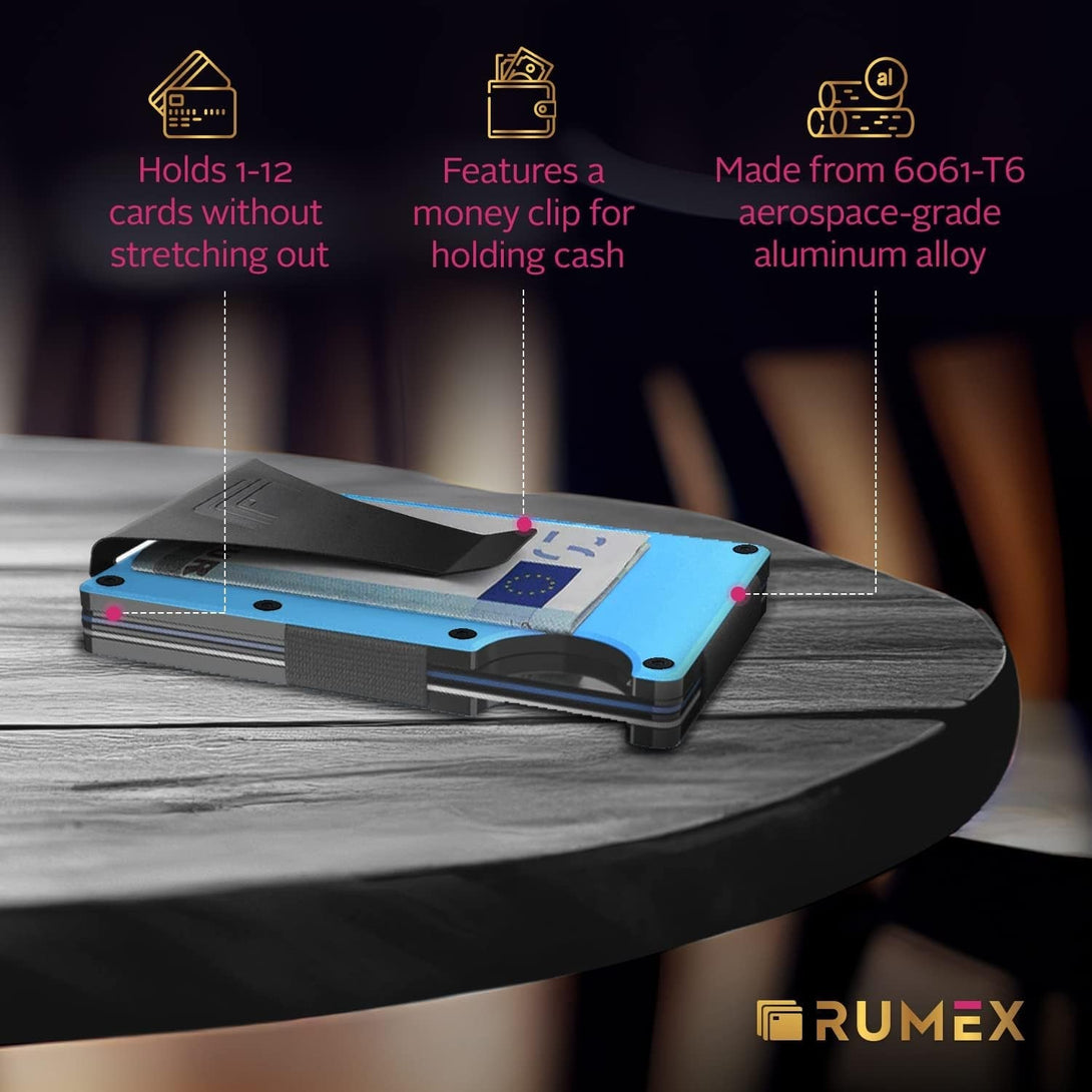 RUMEX Men’S Metal Wallet & Card Holder - RFID Blocking Anti-Theft Slim Wallet for Men - Sleek & Minimalist Metal Design - Men’S Card Organizer & Money Clip - BLUE