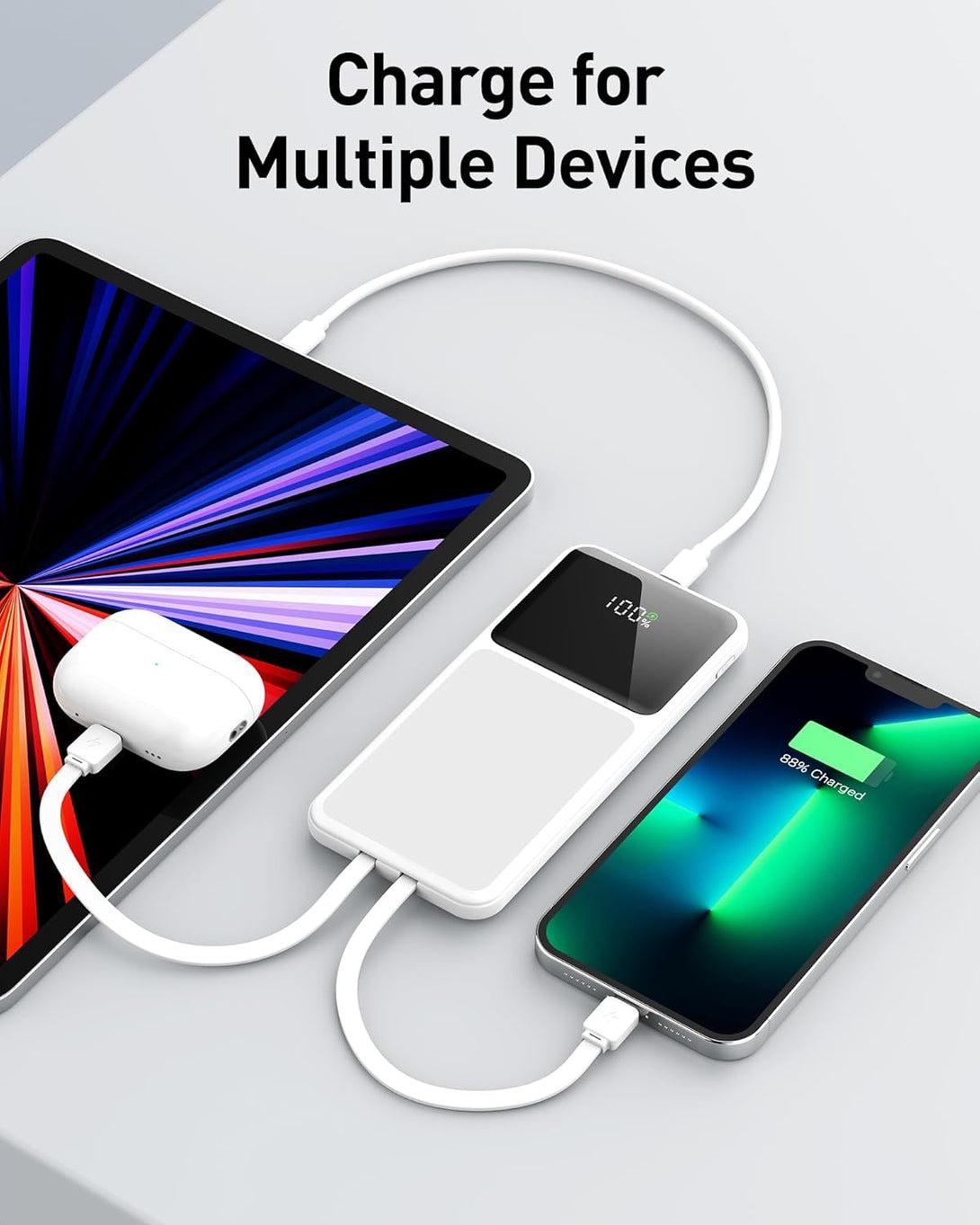 12800Mah Portable Charger with Built in Cables, 22.5W 3A High Speed Charging Travel Essentials, LED Display Slim Powerbank, 4 Outputs 2 Inputs Built-In USB C&Lightning Cables for Iphone Ipad Android