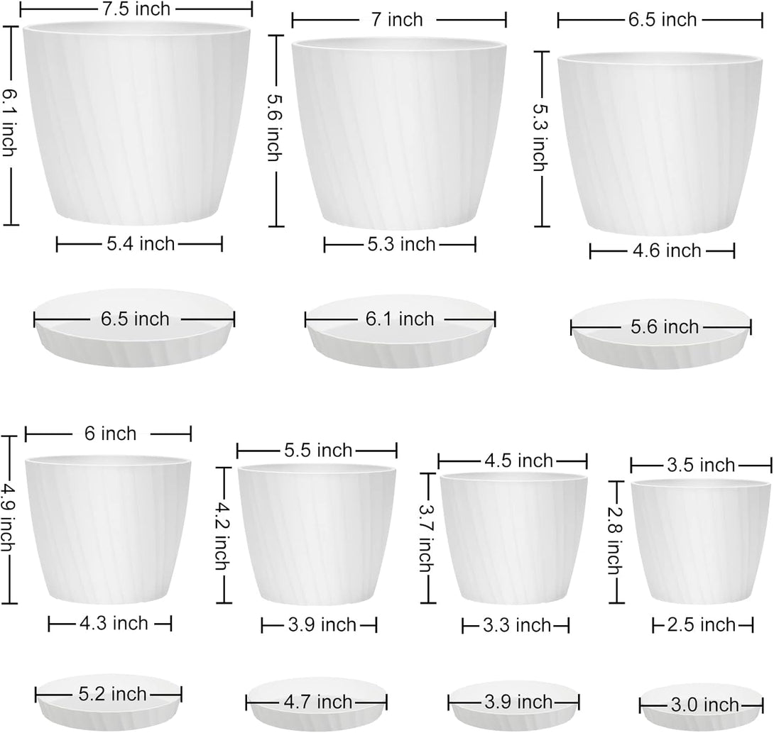 7 Pcs Plant Pots with Drainage Holes and Saucers, Indoor Planters, Set of 7 (7.5, 7, 6.5, 6, 5.5, 4.5, 3.5 Inches), White