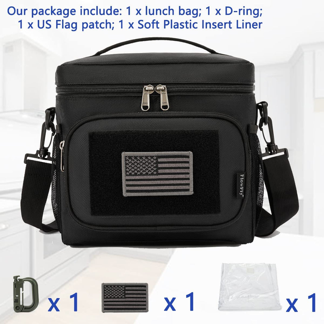 Flowfly Tactical Lunch Bag Large Insulated Lunch Box Cooler Tote for Men, Women with MOLLE/PALS Webbing (Black)