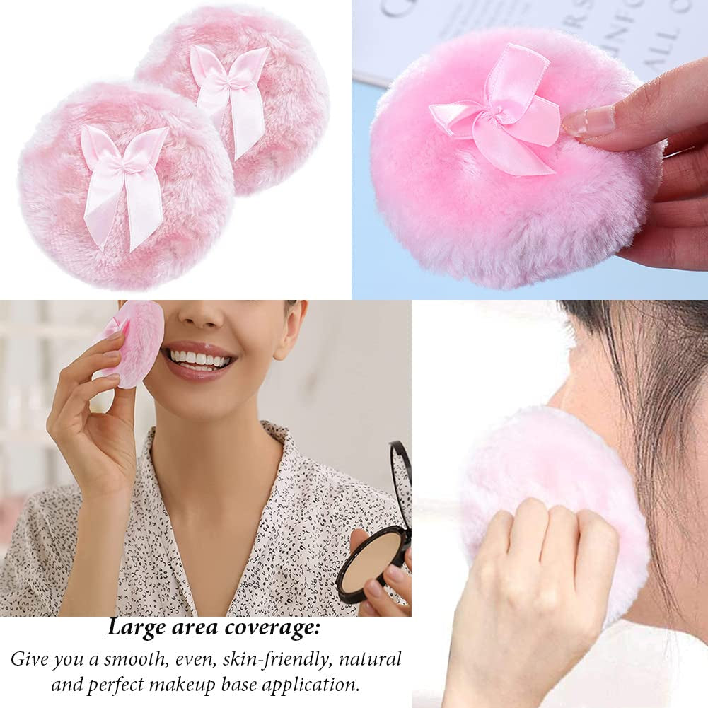 AKOAK 2 Pieces Large Fluffy Powder Puff, 4 "Super Soft Washable Reusable Fluffy Velvet Face Beauty Sponge, Ladies Only, with Bow, for Face and Body, Infants and Adults - Pink