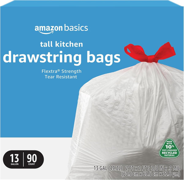 Amazon Basics 13 Gallon Flextra Strength Tall Kitchen Drawstring Trash Bags, Tear Resistant, 10% Post Consumer Recycled, 90 Count