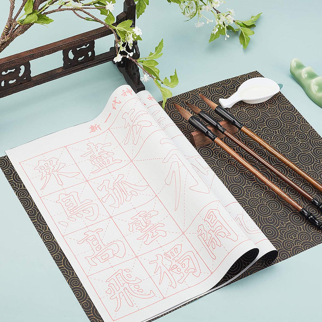 PH Pandahall 12Pcs No Ink Chinese Calligraphy Set, 8 Styles Gridded Brush Water Writing Cloth Paper, 3Pcs Sienna Chinese Traditional Calligraphy Brushes and Water Dish for Chinese Couplets 17X13”