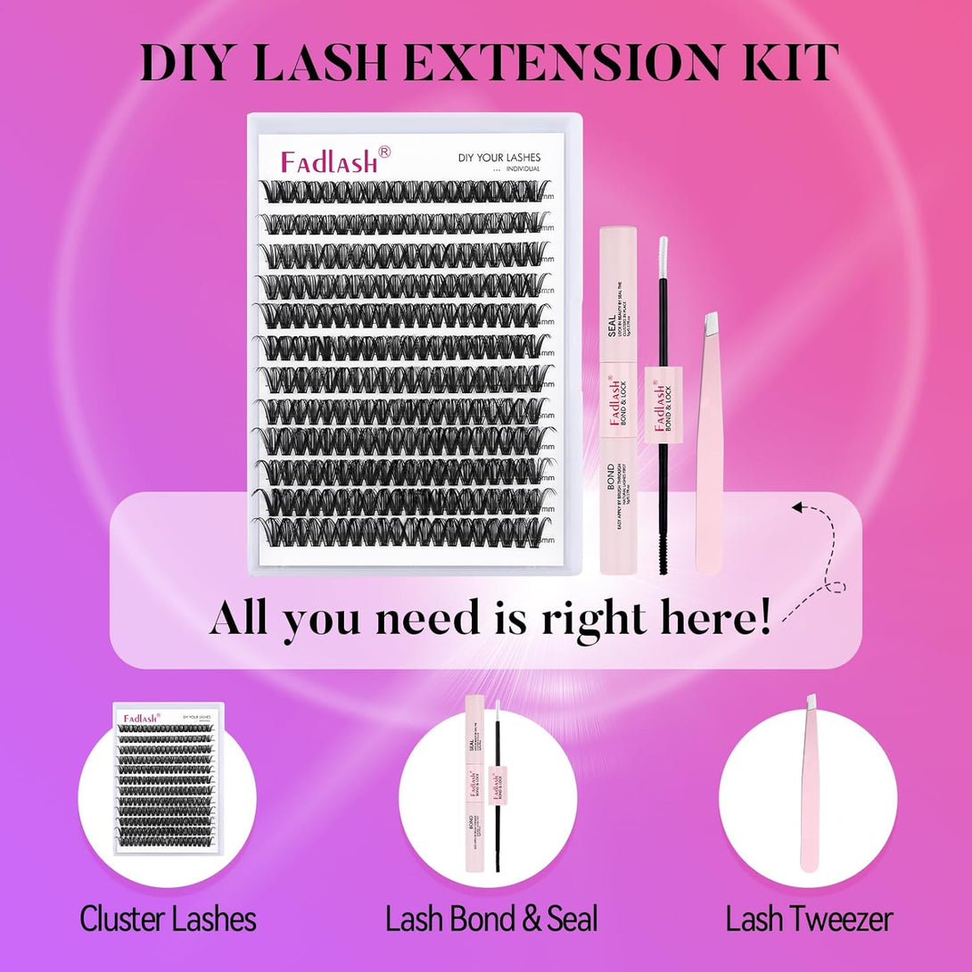 FADLASH DIY Lash Extension Kit Individual Lashes Cluster D Curl Eyelash Extension Kit with Lash Bond and Seal and Lash Applicator Tool for Self Application at Home (40D-0.07D-12-18MIX KIT)