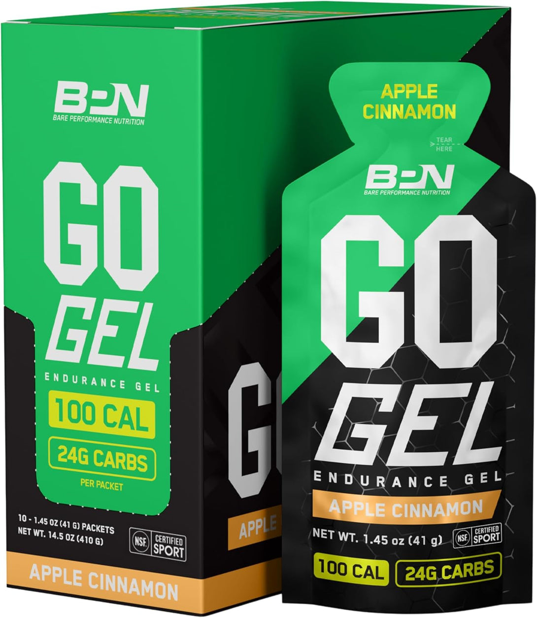 BARE PERFORMANCE NUTRITION, BPN Go Gel Endurance, 24G of Carbohydrates & 100 Calories per Pack, Vegan + Gluten Free Running Gel, 10 Single-Serving Packs, Apple Cinnamon