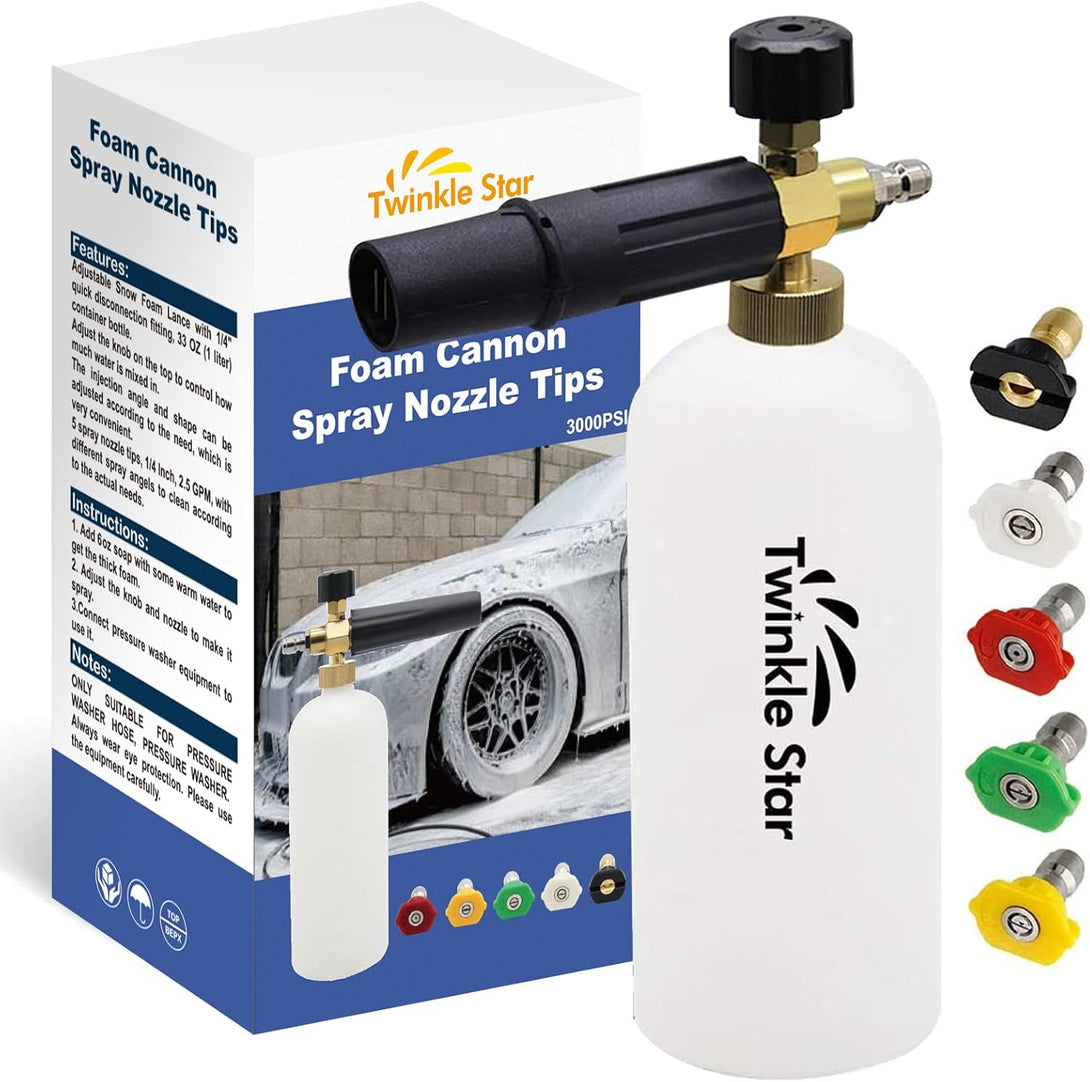 Twinkle Star Foam Cannon 1 L Bottle Snow Foam Lance with 1/4" Quick Connector, 5 Nozzle Tips for Pressure Washer