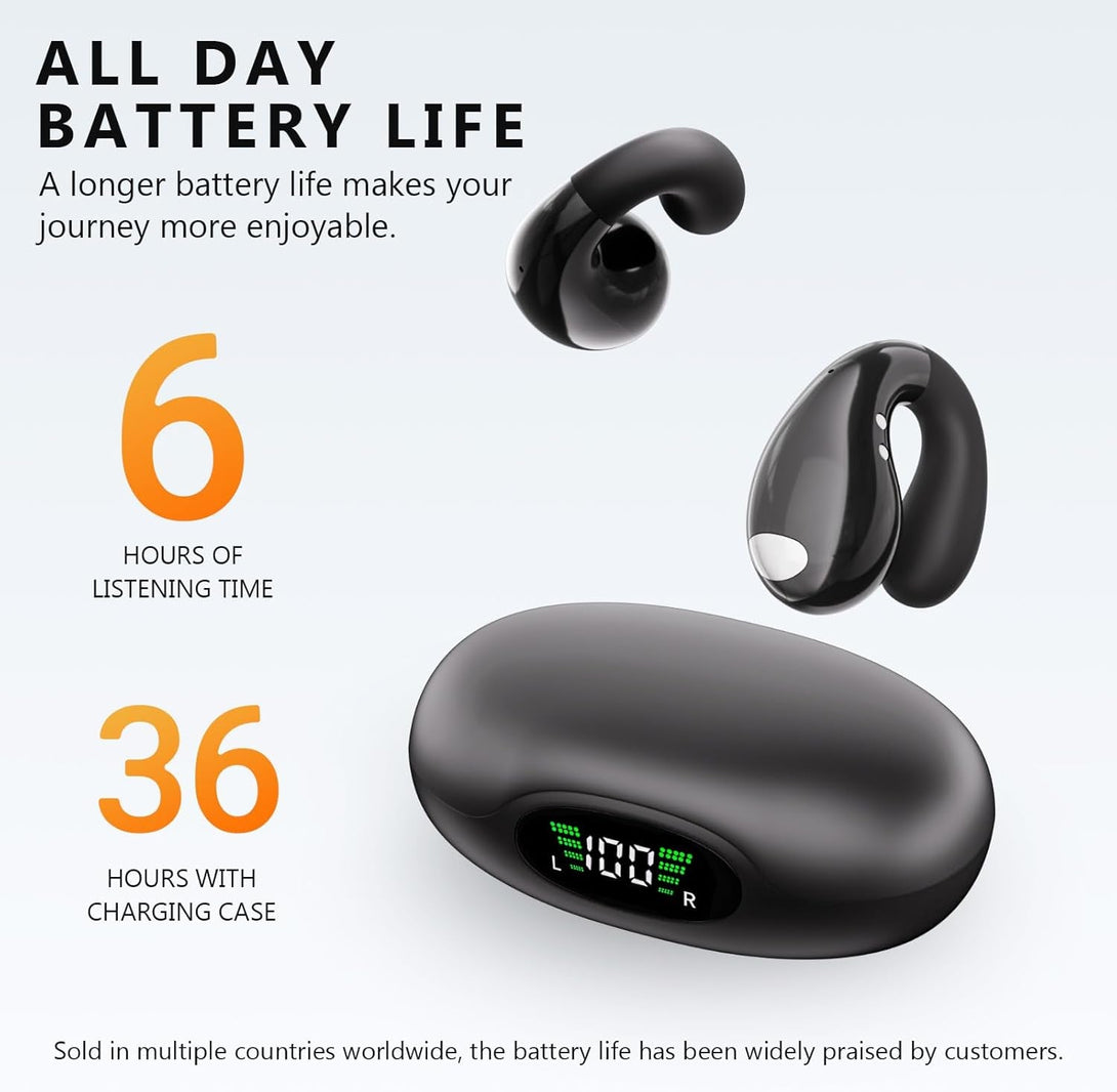 Open Ear Earbuds Wireless Bluetooth 5.3 Earphones, Flexible Clip on Ear Buds with 36H Playtime LED Display Bone Conduction Headphones, IPX7 Waterproof Light Weight Fit for Every Ear, Sport, Workout