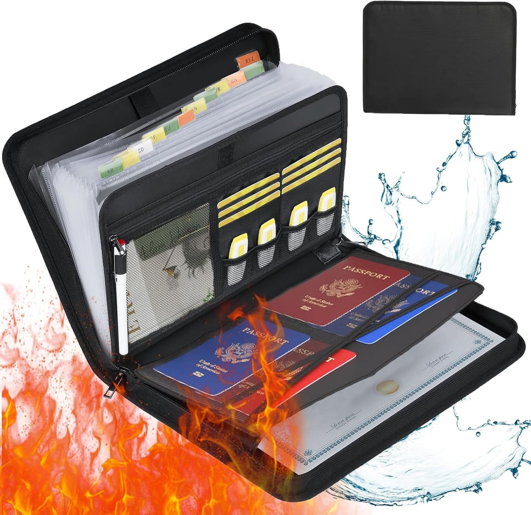 Accordion File Organizer, 12 Pocket Expanding File Folder with Multi Pockets Fireproof Folder with Zipper & Labels Portable Business Fire Safe Storage for Letter A4 Files and More