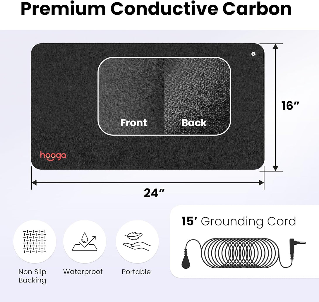 Hooga Grounding Mat for Sleep, Energy, Pain Relief, Inflammation, Balance, Wellness. Earth Connected Therapy. Indoor Grounding at Home, Office, Work. 15 Foot Cord Included. Conductive Carbon