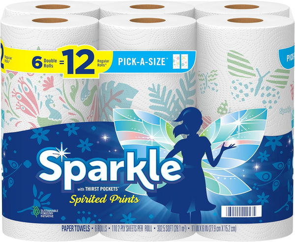 Sparkle Pick-A-Size Paper Towels, Spirited Prints, 6 Double Rolls = 12 Regular Rolls, Everyday Value Paper Towel with Full and Half Sheets