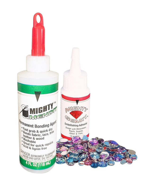 Mighty MENDIT™, Permanent Fabric Adhesive, Flexible Stretchable Washable, Clear, 4 Oz, plus Mighty GEMIT™, Embellishing Adhesive, 1 Oz. Includes 50 Gems