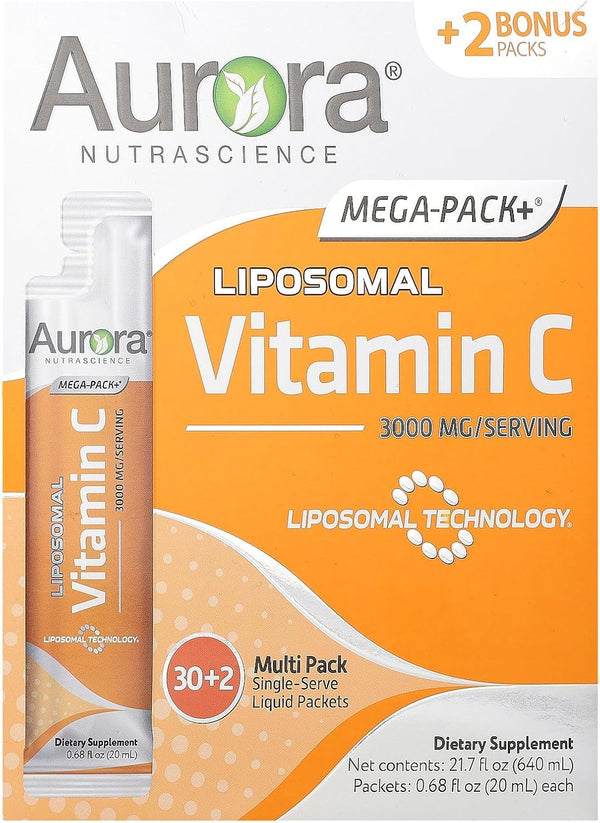 Aurora Nutrascience Mega-Pack Liposomal Vitamin C, Immune Support, 3,000 Mg per Serving, Vegan, Gluten Free, Non-Gmo, 32 Single Serve Packets, Orange
