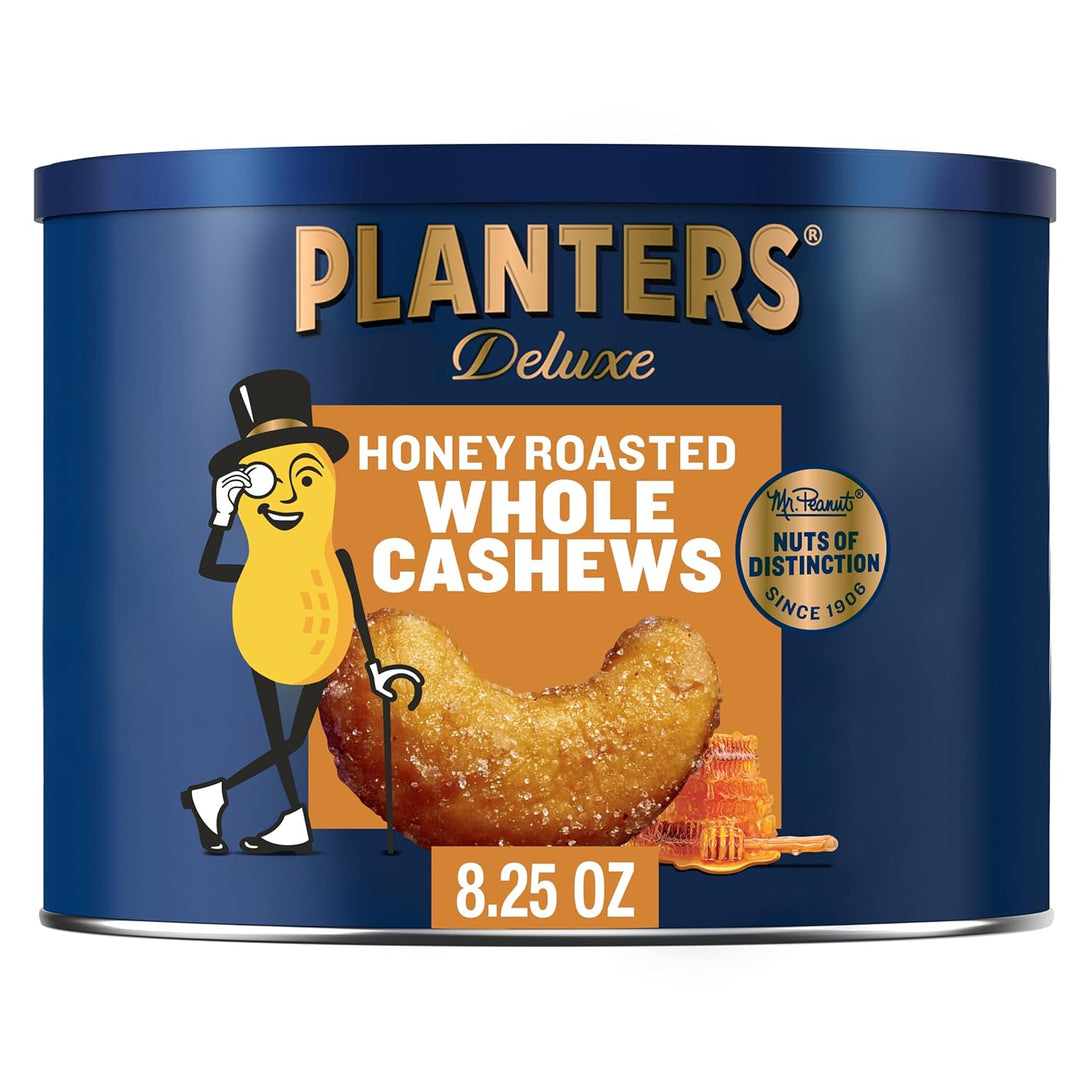 PLANTERS Deluxe Honey Roasted Whole Cashews, Party Snack, Plant-Based Protein, after School Snack, Sweet and Salty Snack Nuts, Quick Snack for Adults, Flavored Cashews, Kosher, 8.25Oz Canister