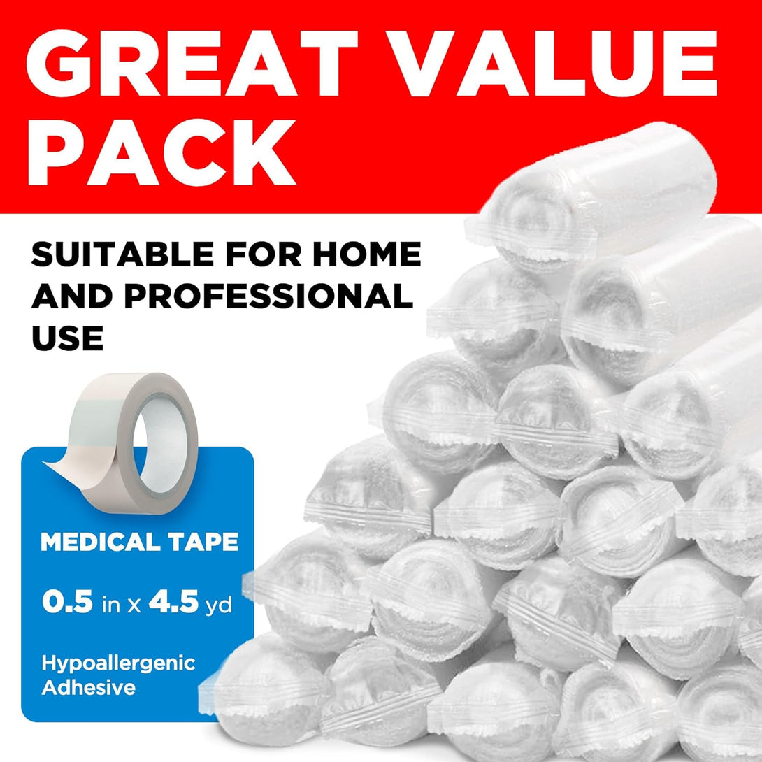 Premium Gauze Rolls - (24 Pack) - 4" X 4.1Yd Breathable Rolled Gauze - Individually Wrapped + Bonus Tape - First Aid Conforming Gauze Wrap Roll for Wounds