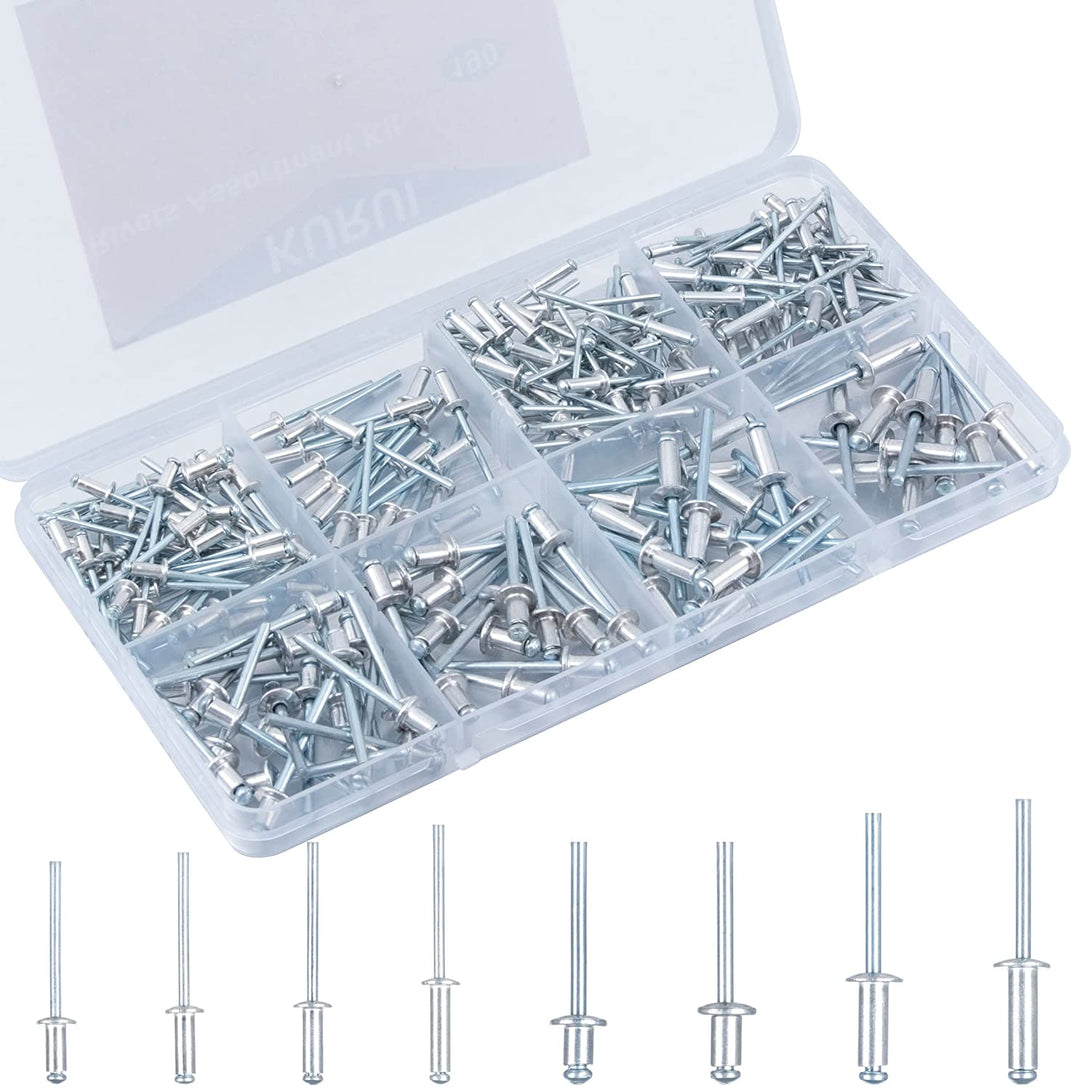 KURUI Pop Rivets Assortment Kit, 190Pcs Aluminum Rivets Set in 8 Sizes 1/8*1/4", 1/8*5/16", 1/8*3/8", 1/8*1/2", 3/16*1/4", 3/16*5/16", 3/16*1/2", 3/16*5/8", Blind Rivets for Metal with Organizer