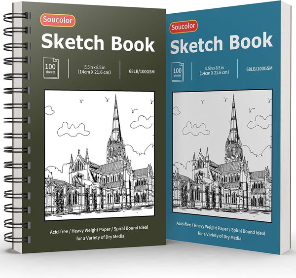 Soucolor 5.5" X 8.5" Sketchbook Pack of 2, 200 Sheets Sketch Book, Spiral Bound Sketch Pad Drawing Book Acid-Free Paper (68Lb/100Gsm), Painting Sketching Drawing Art Supplies for Adults Kids Teens