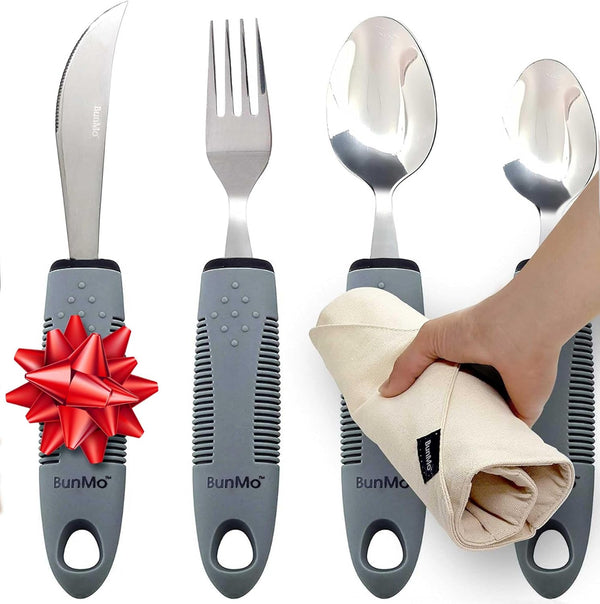 BUNMO Utensils for Elderly, Arthritis, Weak Hand Grip & Handicapped - for Tremors and Parkinsons Patients - Arthritis Gifts for Seniors - Gifts for Disabled Adults - Adaptive Gray 4 Piece Set