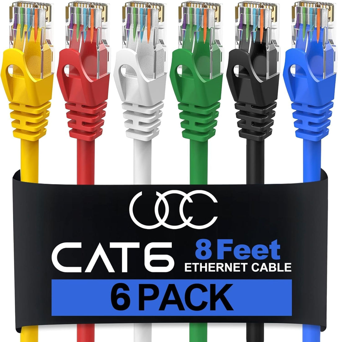 Cat6 Ethernet Cable, 8 Feet (6 Pack) LAN, Utp Cat 6, RJ45, Network Cord, Patch, Internet Cable - 8 Ft