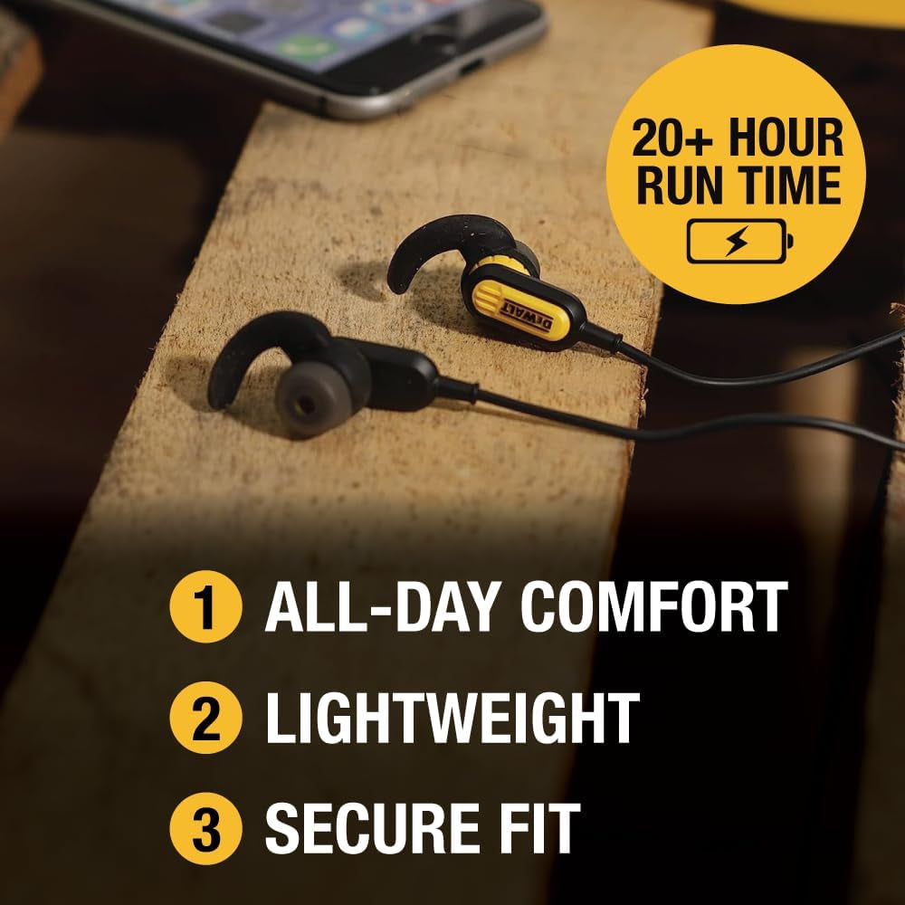 DEWALT Heavy Duty Neckband Bluetooth Earbuds, Wireless Bluetooth 5.2 Headphones W/Microphone, Lightweight Comfort, IP56 Waterproof, Deep Bass Strong Beat, 20H Playtime, Jobsite Behind-Neck Earphones