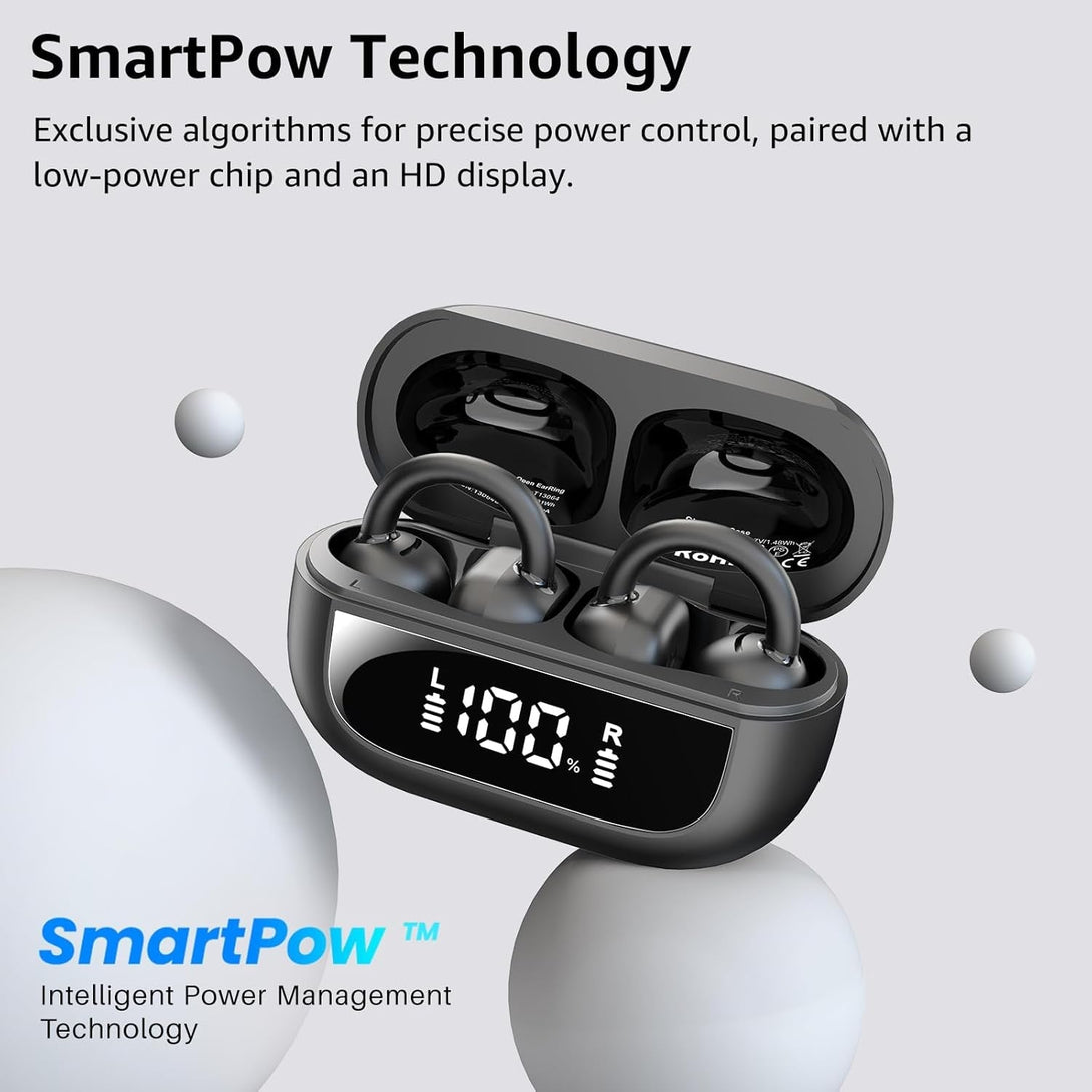 TOZO Openearring True Open Ear Headphones, Lightweight Comfort Open Ear Clip Wireless Earbuds, 40H Play Bluetooth 5.4 Headphones with Smart Digital Display Design Fit Sports Running, Workout Black