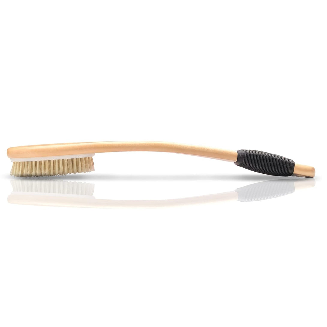 OWIIZI Bath Brush with Cellulite Massagers, Wooden Curved Long Handle Antiskid Dry Brushing Body Brush for Exfoliating, Natural Bristle Back Scrubber for Shower Use Wet or Dry for Men Women Elders