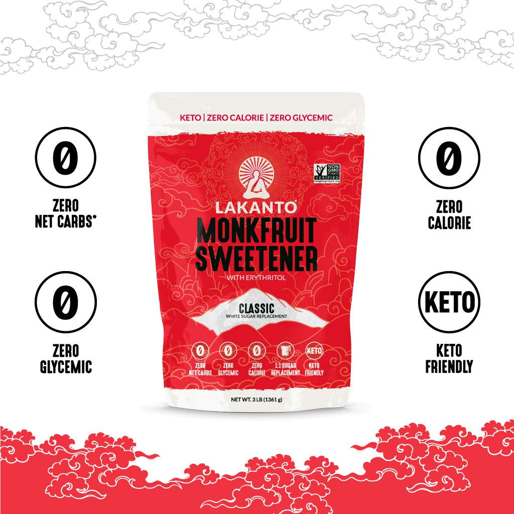 Lakanto Monk Fruit Sweetener with Erythritol, White Sugar Substitute from Monk Fruit Extract, Classic White Sugar Replacement for Baking, Coffee & Tea, Gluten Free, Low Carb, Non GMO, Keto, 3 LB Bag