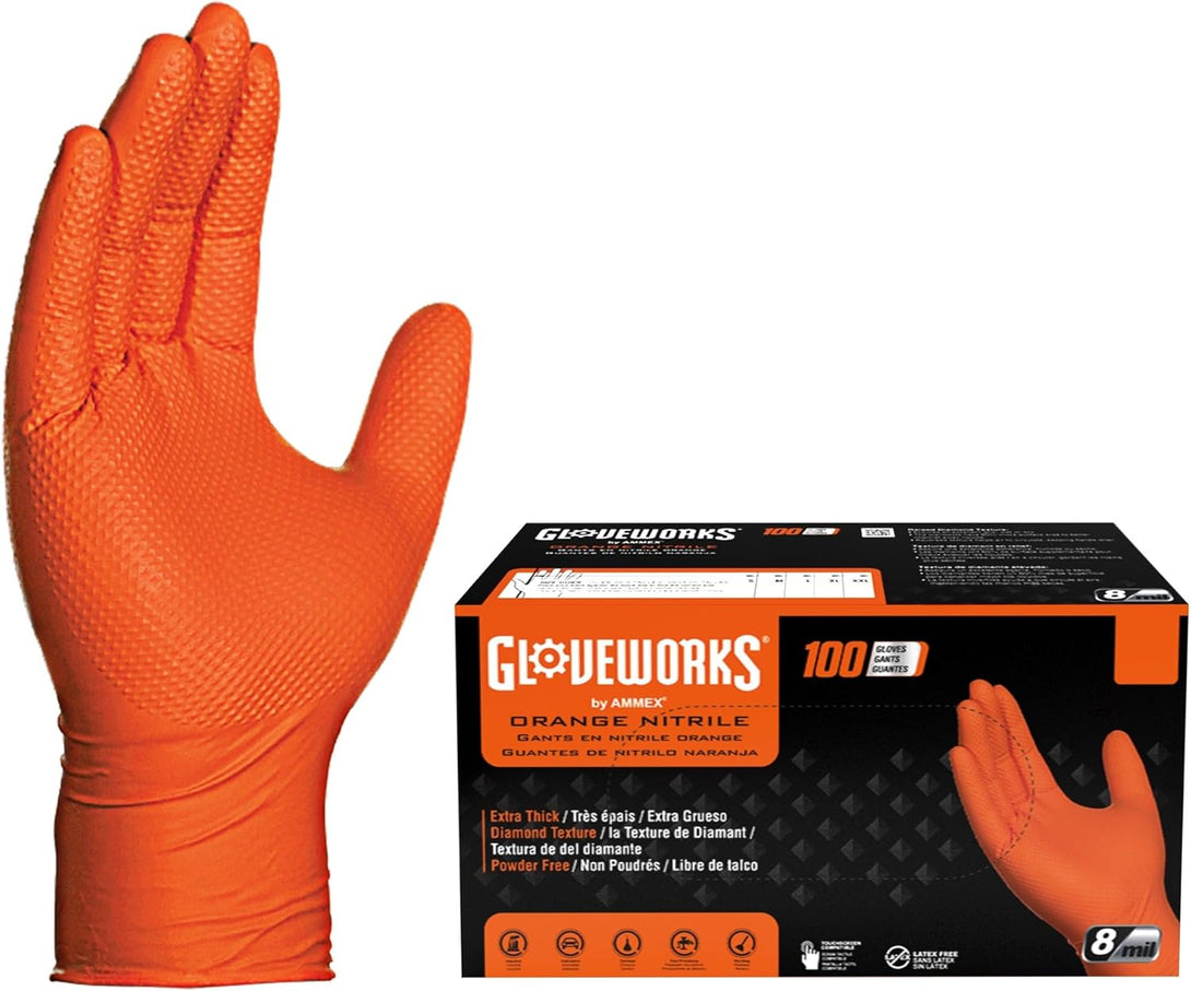 GLOVEWORKS HD Orange Nitrile Gloves, 8 Mil Nitrile Disposable Gloves with Raised Diamond Texture, Mechanic Gloves Disposable