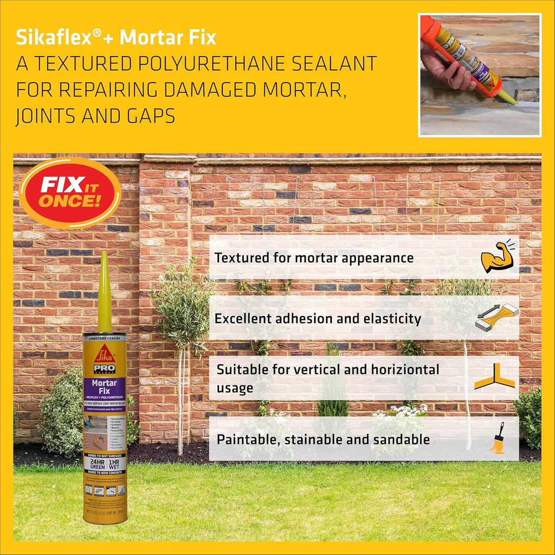 Sikaflex Mortar Fix, Limestone, Polyurethane Sealant for Repairing Damaged Mortar, Joints and Gaps. Sealing Mortar Cracks 10.1 Fl. Oz Cartridge