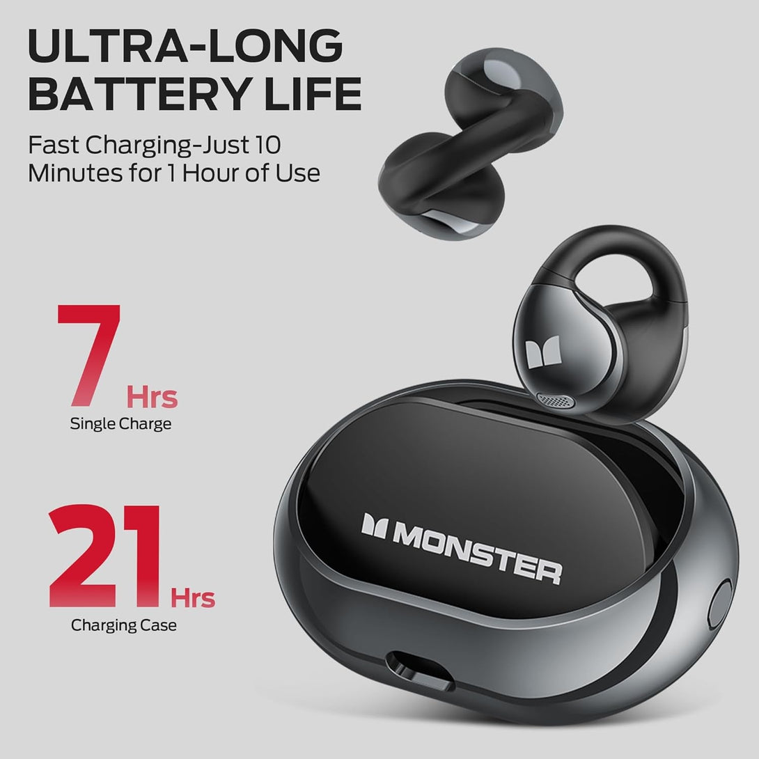 Monster Open Ear AC600 Headphones, Bluetooth 5.4 Wireless Earbuds with Hifi Stereo, Clip-On Earbuds with ENC Clear Call, 21H Playtime, Touch Control, IPX6 Waterproof Wireless Headphones for Sport