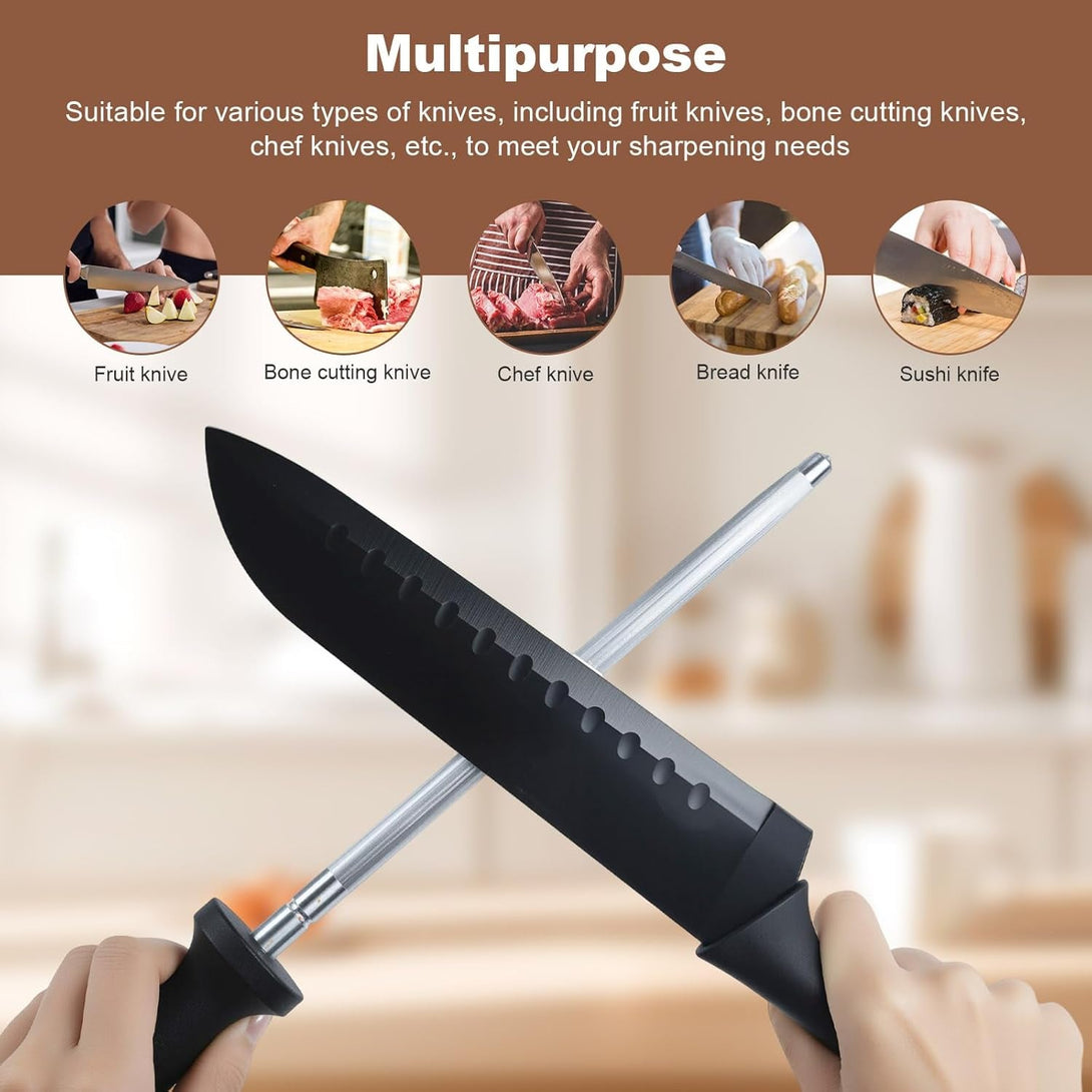 12 Inches Knife Sharpening Steel Rod, High Carbon Steel Honing Rod with 9 Inches Sharpening Steel and Ergonomic PP Handle, Premium Kitchen Knife Sharpener for Chefs and Home Cooks Use