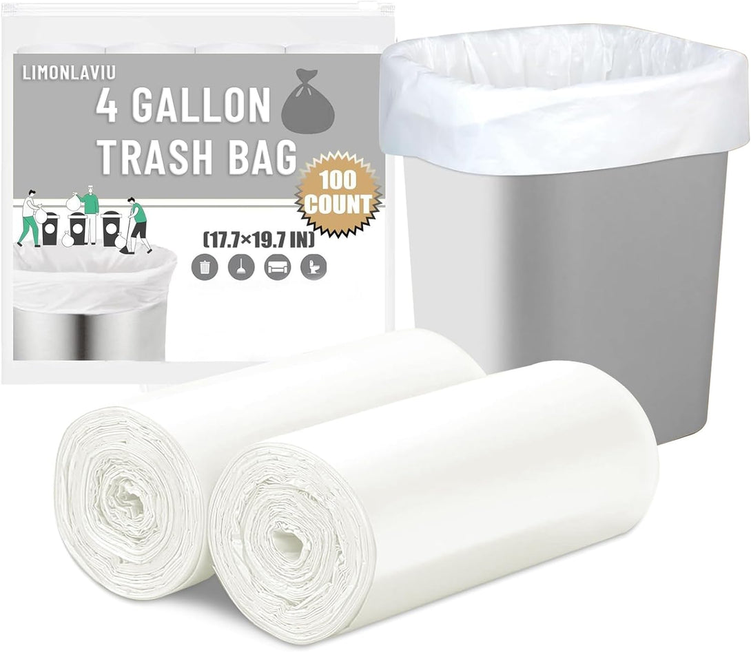 Limonlaviu Small Trash Bags 4 Gallon, 100 Count Small Garbage Bags Bathroom Trash Bags White Trash Bags Trash Can Liners Mini Trash Bags Trash Bags Unscented Small Garbage Bags for Bathroom Can