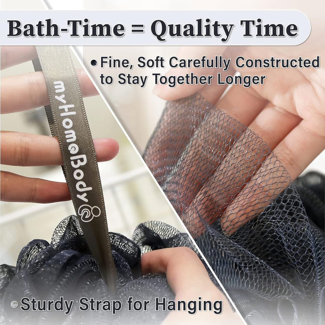 Myhomebody Large 70G Loofah Sponge, Body Scrubber, Bath Sponge, Loofah for Women, Men, Exfoliating Sponge Shower Pouf with Activated Charcoal - 3 Pack, 2 Midnight Blue + 1 Fog Gray