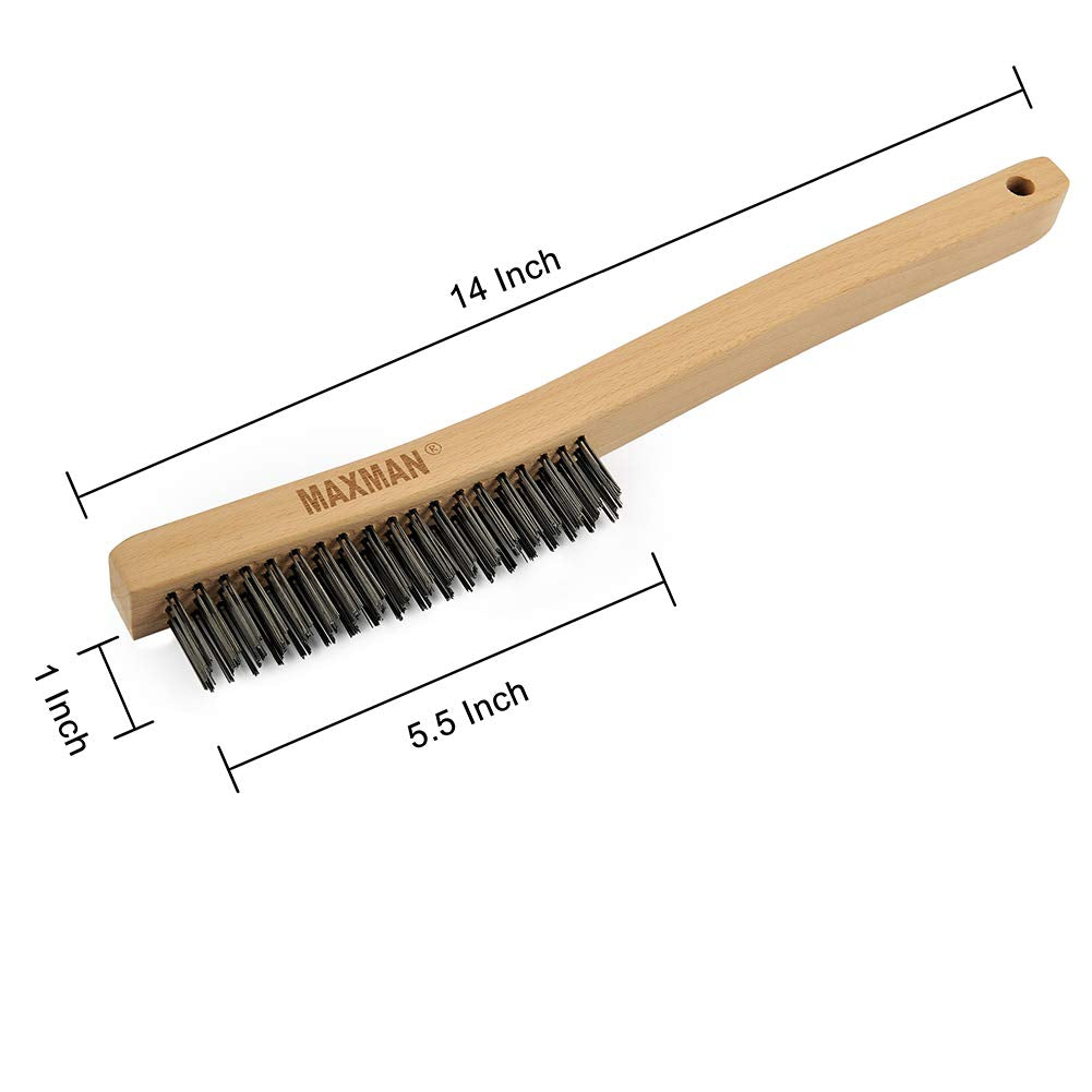 Wire Brush Set,Heavy Duty Carbon Steel and Stainless Steel Wire Scratch Brush for Cleaning Rust with 14" Long Curved Beechwood Handle,2 Pieces,Large